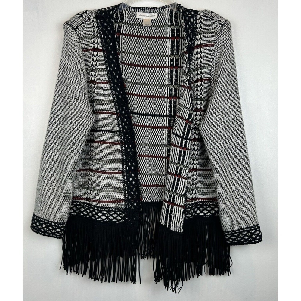 Knit Open Cardigan L Suede Look Fringe Black Boho Old Money Career Office Read